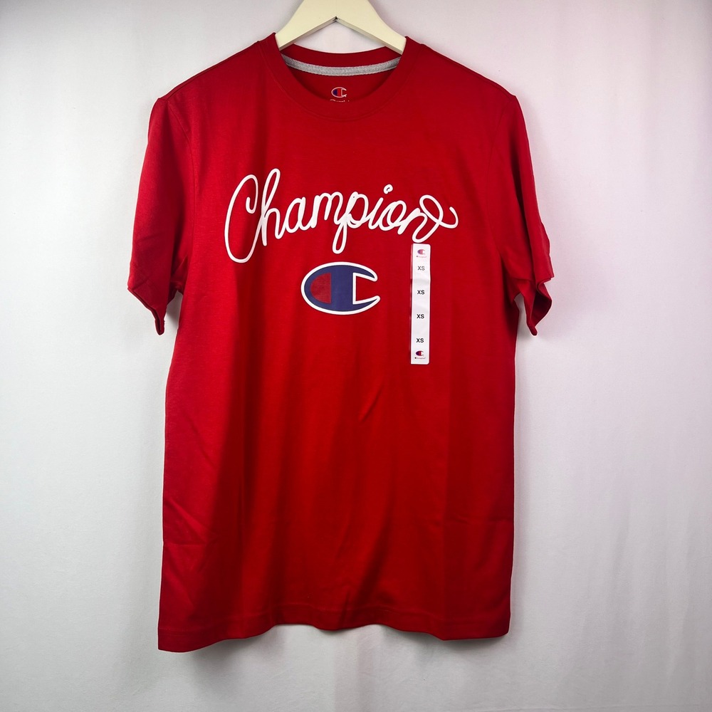 Champion Graphic Tee Red Script Logo T-Shirt Men's XS Unisex Cotton Blend